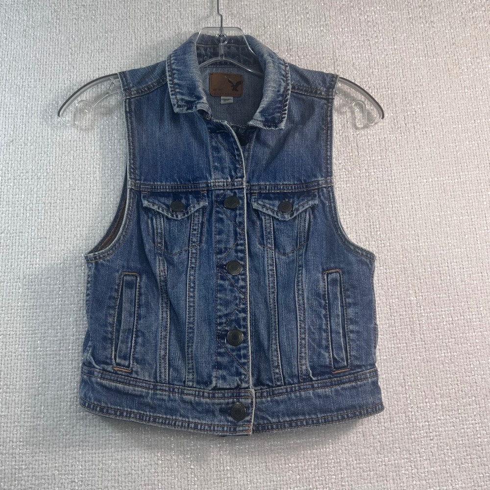 American Eagle Denim Vest XS Cropped Jean Jacket Button Front Women Blue - Picture 2 of 7